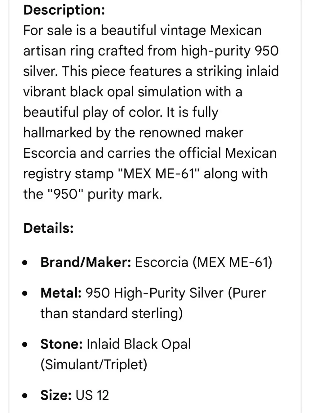 Escorcia (MEX ME-61) High Purity Silver Inlaid Simulant Black Opal Size 12 Ring